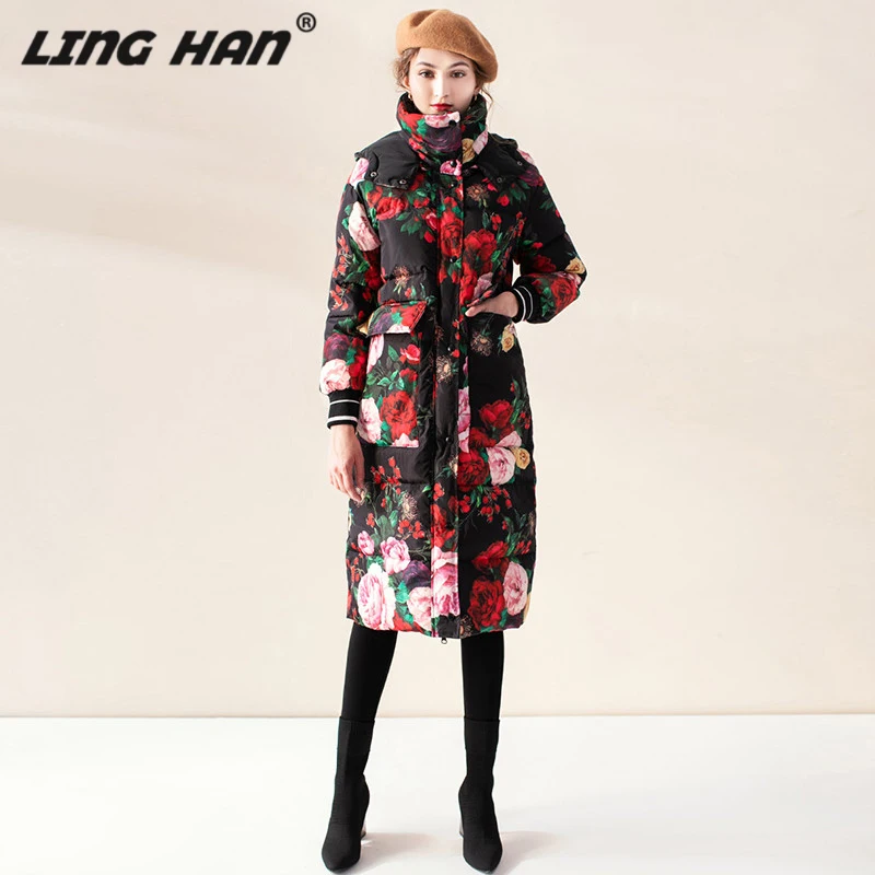 

LINGHAN Elegant Print Hooded Long Down Jackets Women's Fashion Slim warm down jacket Designer Autumn Winter New