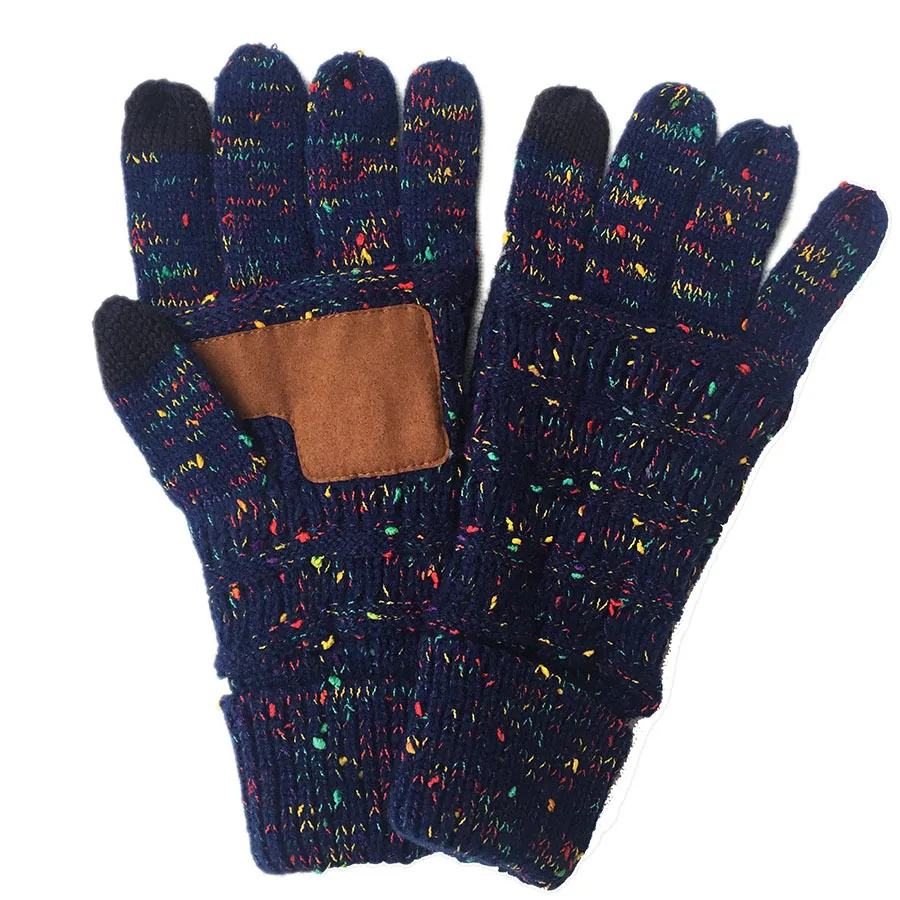 navy blue floral Красочные перчатки для сенсорного экрана, зимние вязаные перчатки для женщин и мужчин, модные тянущиеся шерстяные вязаные теплые перчатки на весь палец, варежки - Цвет: navy blue floral