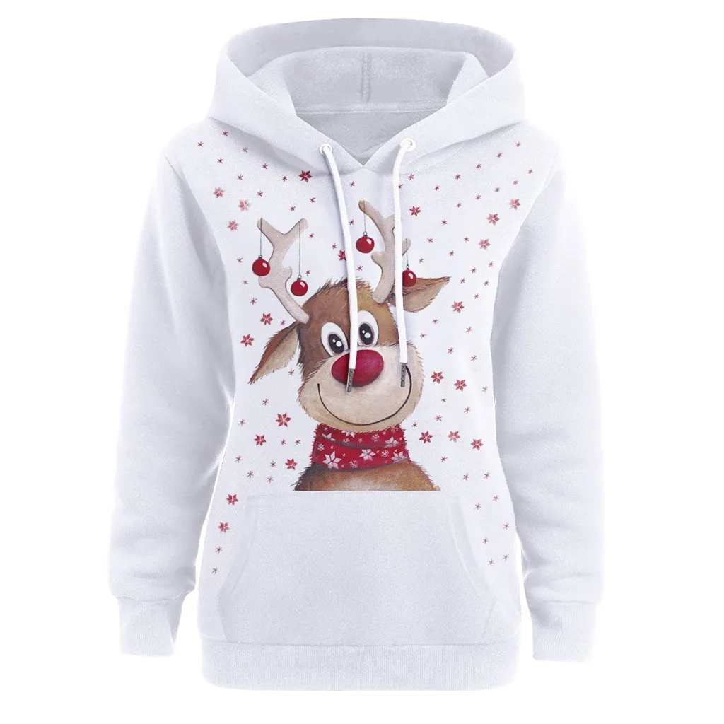 new Women Printed Christmas Pullover Long Sleeve Hooded Sweatshirt Tops Blouse