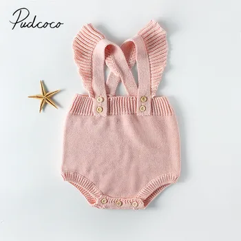 

New Infant Newborn Baby Girls Knitted Solid Bodysuits Ruffled Sleeveless Backless Cross Outwear Baby Clothing for 0-24M