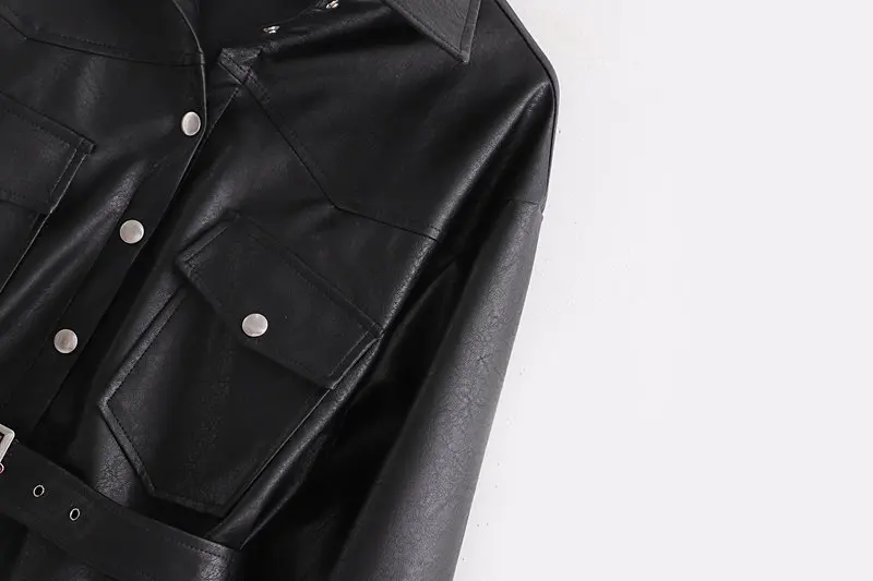 Faux Leather Jackets Women Fashion PU Black Coat Elegant Belt Waist Pockets Buttons Female Coats Streetwear Ladies Jackets