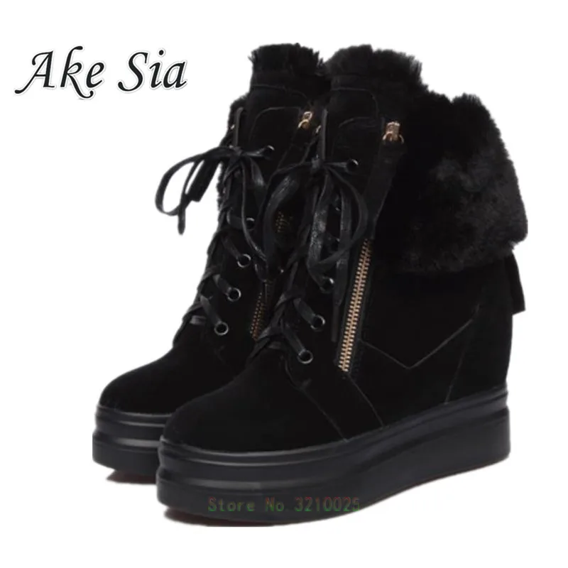 Женская хлопковая обувь, увеличивающая рост, из толстой кожи теплые зимние ботинки ботиночки на шнуровке, женские полусапожки на танкетке, a011