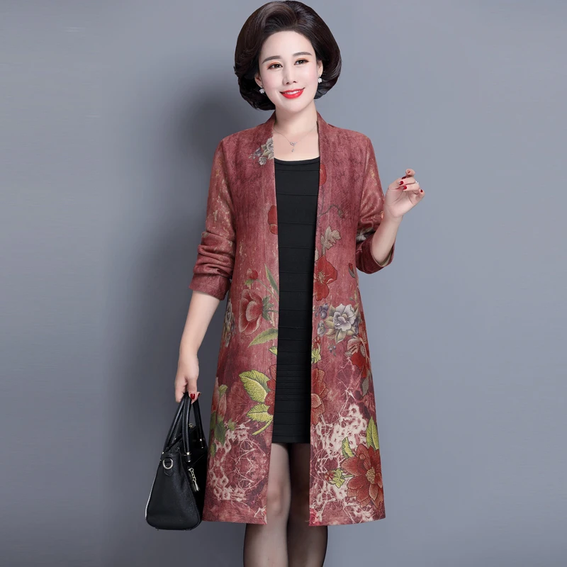 Осенне-весенний женский с цветочным принтом, длинный рукав, замшевый плащ, пальто, осень, Винтаж, 4xl 5xl, цветочные пальто для женщин
