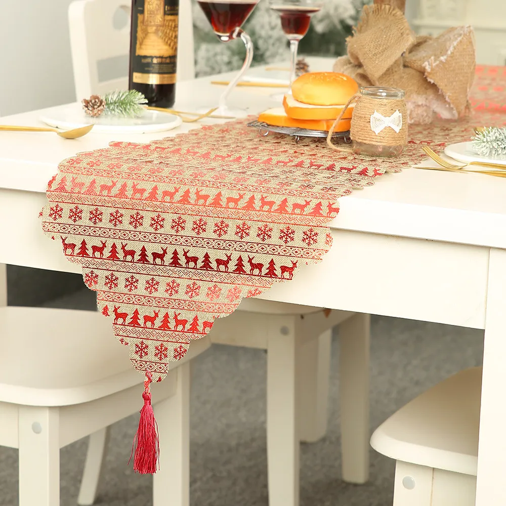 Christmas Decoration Linen Printed Table Flag Table Runner Printed Tassel Tablecloth Placemat Hotel Home Festival Decoration FB