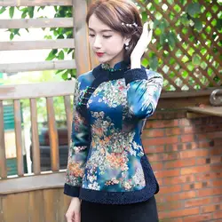 Cheongsam Women Plus Size Short Dadded Jackets 2021 Winter Cotton Blend Cheongsam Splicing Warm Retro Chinese Qipao Shirts Woman