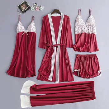 

5PC Women Satin Pajamas Set Sexy Lace Camisole Trousers Shorts Nightdress Robe Lingerie Drop Shopping pijama mujer verano W4