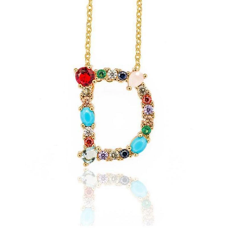1 шт. модный золотого цвета Micro Pave Rainbow CZ кубический цирконий A-Z инициалы буквенные ожерелья с подвесками для женщин ювелирные изделия - Окраска металла: D