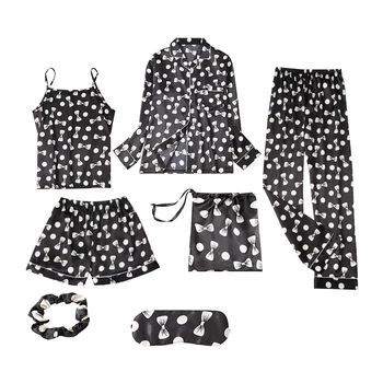 

7Pcs Womens Satin Pajamas Set Cami Top Shorts Eye Mask Hair Rope Sleepwear Set Summer Autumn lady pajamas set