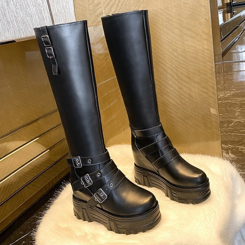 Brand Mid Calf Boots For Women 2020 Winter Platform Boots Fashion Women's Gladiator Boots 10cm High Wedge Shoes Woman Thick Sole
