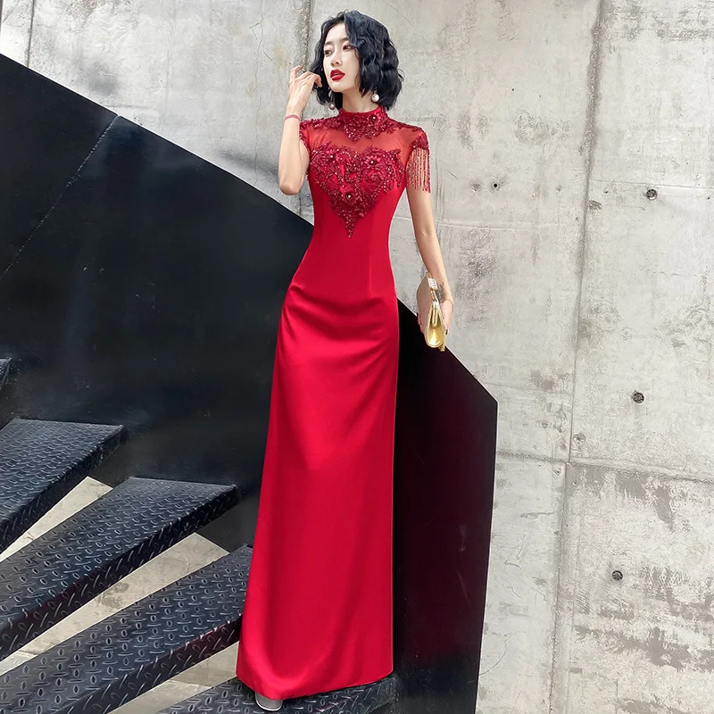 

Burgundy Women Sexy Queen Banquet Dresses Exquisite Sequins Mermaid Evening Party Dress Tassel Floor Length Qipao Robe De Soiree