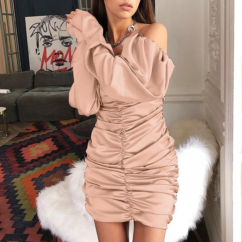 VIEUNSTA Sexy Off Shoulder Ruched Bodycon Dress Women Autumn Strapless Long Sleeve Dress Ladies Draped night Club Party Dresses