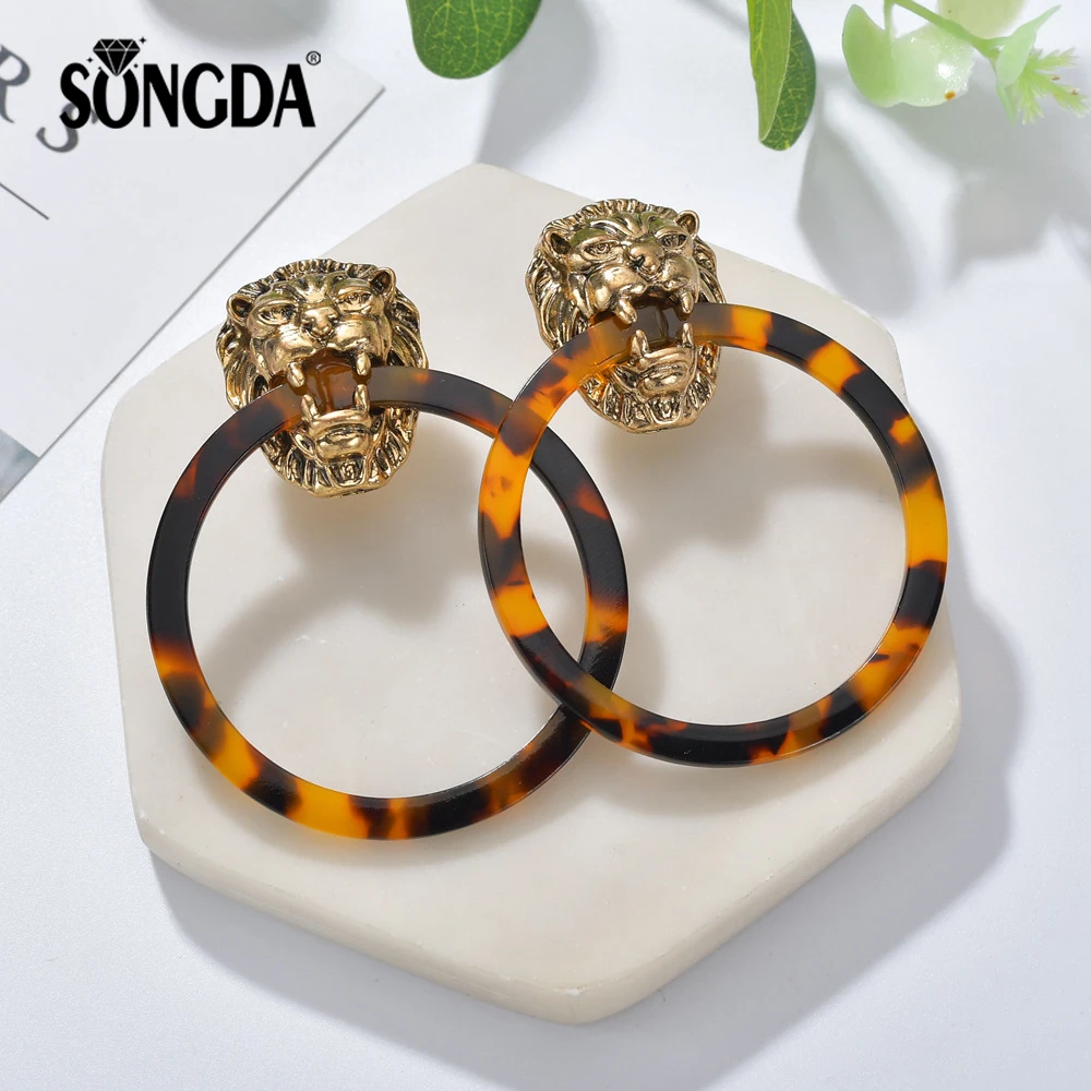 

SONGDA Fashion Gold Lion Head Acrylic Resin Circle Leopard Dangle Earring Unique Design Punk Geometry Women Party Daily Jewelry