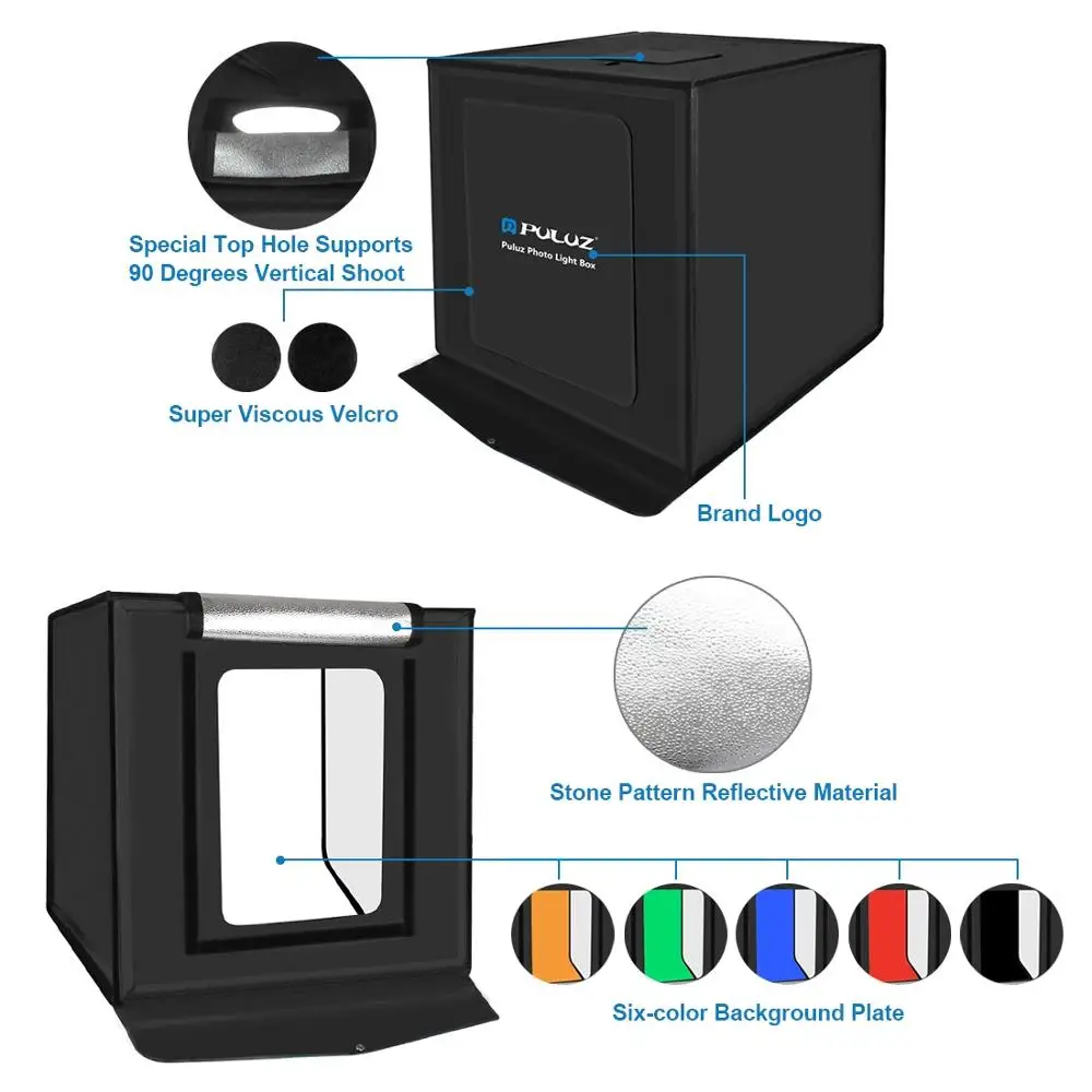 PULUZ 40cm Photo Studio Box Tabletop Shooting Light Box Tent Photography Softbox Kit 6 Colors Backdrops Tent LED Lightbox
