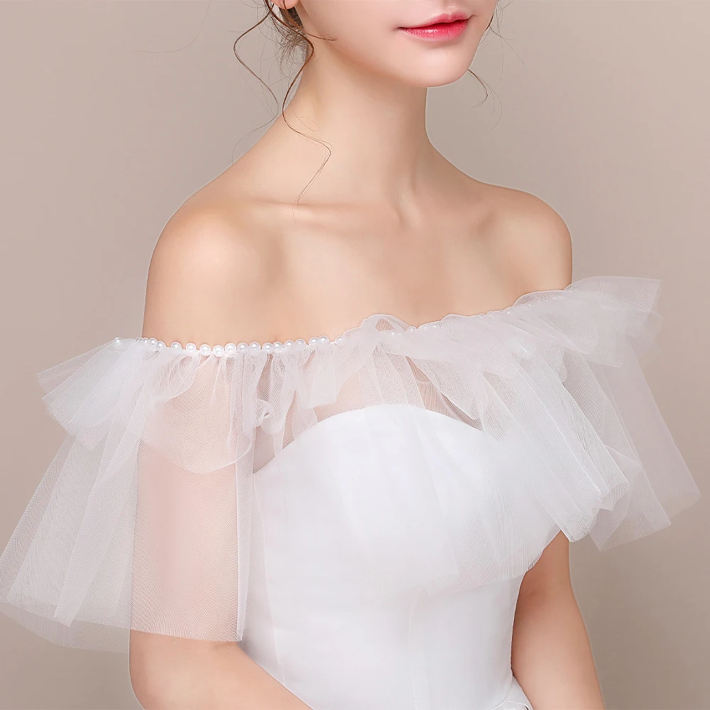 

Women Ivory Wedding Bridal Wrap Elegant Beaded Ruffle Sexy Sheer Tulle Shawl with Ribbon Off the Shoulder Stole for Formal dress