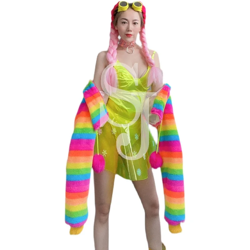 

Women Bar rainbow jacket green transparent skirt suit gogo show dance team costume