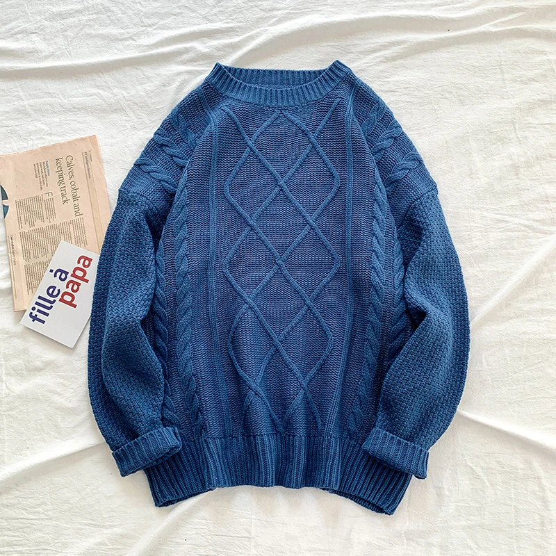 royalblue Осенний свитер мужской теплый модный однотонный Повседневный вязаный пуловер мужской свободный свитер с длинными рукавами Мужская одежда M-2XL - Цвет: royalblue