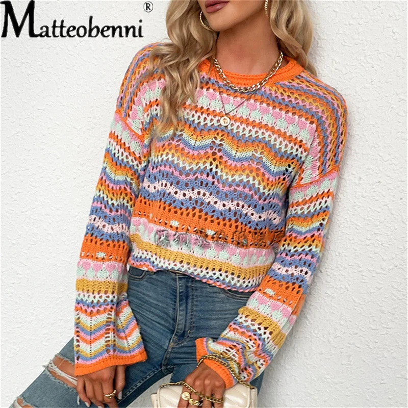 Maglione Donna A Righe Arcobaleno, Maniche Lunghe, Colori Contrastanti, Streetwear Autunno Inverno, Verde, Taglia S