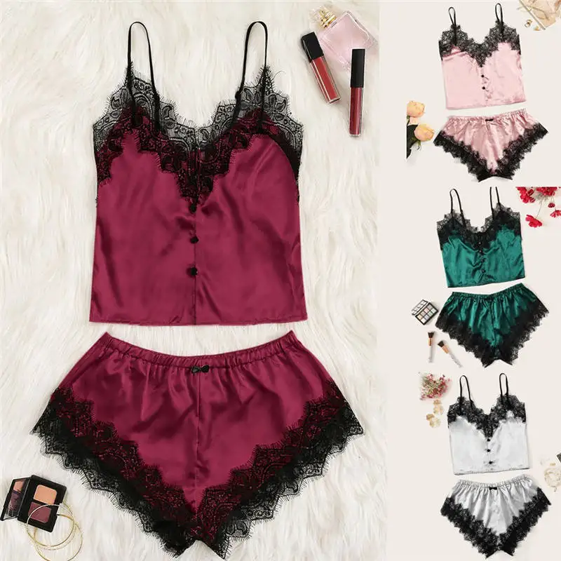 

Lingerie Sexy Bra Set Women V-Neck Silk Lace Sexy Stain Backless Pajamas Sleepwear Bras Shorts Lingerie Sets Lenceria 661BRS10