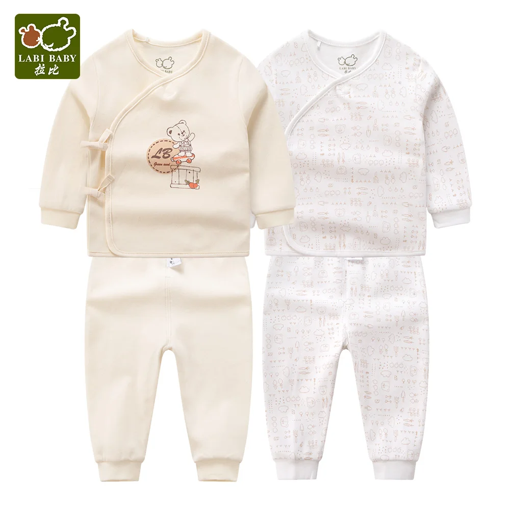 2 Set Newborn Baby Kids Sleepwear Pajamas Unisex Sleep Apricot Cartoon Bear Soft Cotton Long Sleeve Top Pants - Цвет: Apricot