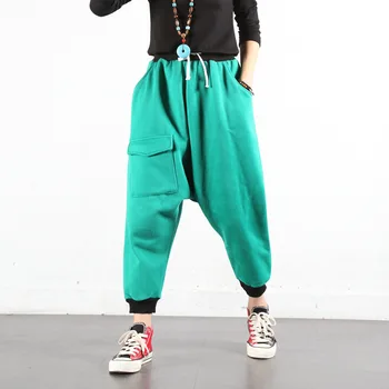 

Harajuku Bf Wind Large Size Women's Casual Crotch Pants Loose Cotton Plus Velvet Inside Harem Trousers Green Red Purle Black