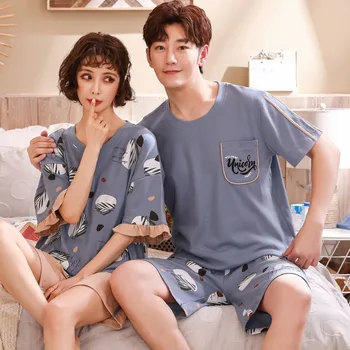 

Women's Men's Pajamas 2020 Summer Couples Short Sleeve Fabric Casual Tracksuit Comfortable Home Wear