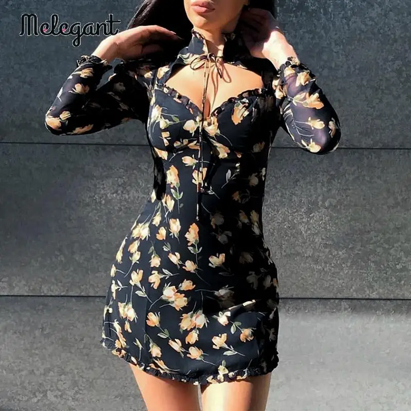 

Melegant floral autumn winter dresses women party vintage long sleeve dress french short ruffles ladies dresses vestidos