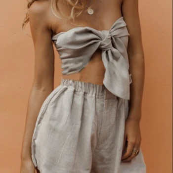 

2 Pieces Set Women Sexy Bandeau Ruffles Lace-Up Crop Tops Solid Black Gray Shorts Beach Suit Casual Loose Clothes Sets