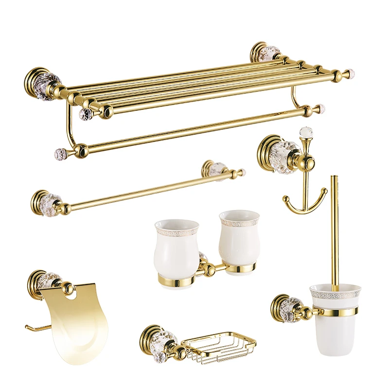 European Gold Towel Rack Bathroom Hardware Set Solid Brass Crystal Toilet  Brush Holder Bathroom Accessories Set ship from russia - AliExpress