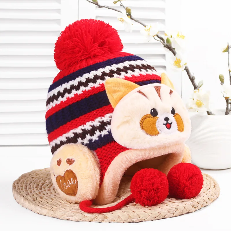 

2019 winter new children cartoon kitten cute hat. novelty ear knitted children's hat plus velvet warm baby wool cap