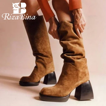 

RIZABINA 2021Mid Calf Boots For Women Real Leather Shoes Square Toe Thick High Heel Retro Slip On Ladies Footwear Size 33-43