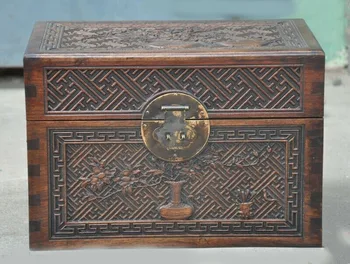 

wedding decoration 12"Chinese Huanghuali Wood Carved flower Storage Jewelry Box Boxes Treasure Case