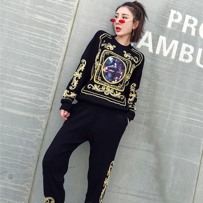 

black Long Sleeve tracksuit Women Knitted Sweater 2 Piece Fall Set One Piece Outfit Top And Pant Suits Winter White Clothing