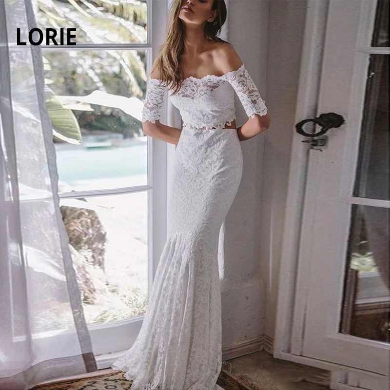 LORIE 2 шт. полное кружевное свадебное платье Русалка с открытыми плечами короткий рукав Свадебные платья Иллюзия Пляж Boho robe de mariee