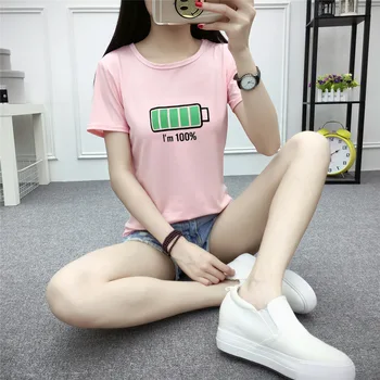 

Women T-shirt Summer Loose Printed Cartoon Korean New Short Sleeved Ladies T-shirt Battery Printed Top