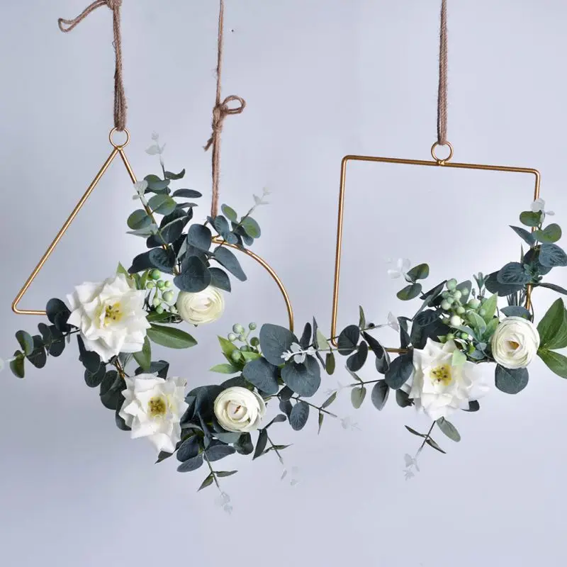 Wrought Iron Geometric Wreaths Wall Hanging Decoration Artificial Silk Garland For Wedding Home Party Hanging Ring Decoration