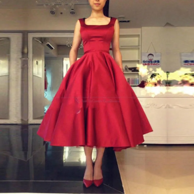 

BBQ028 robe de soiree Square Red Short Evening Dresses Satin Princess Style A Line Beautiful Formal Dress Women 2020 Prom Gowns