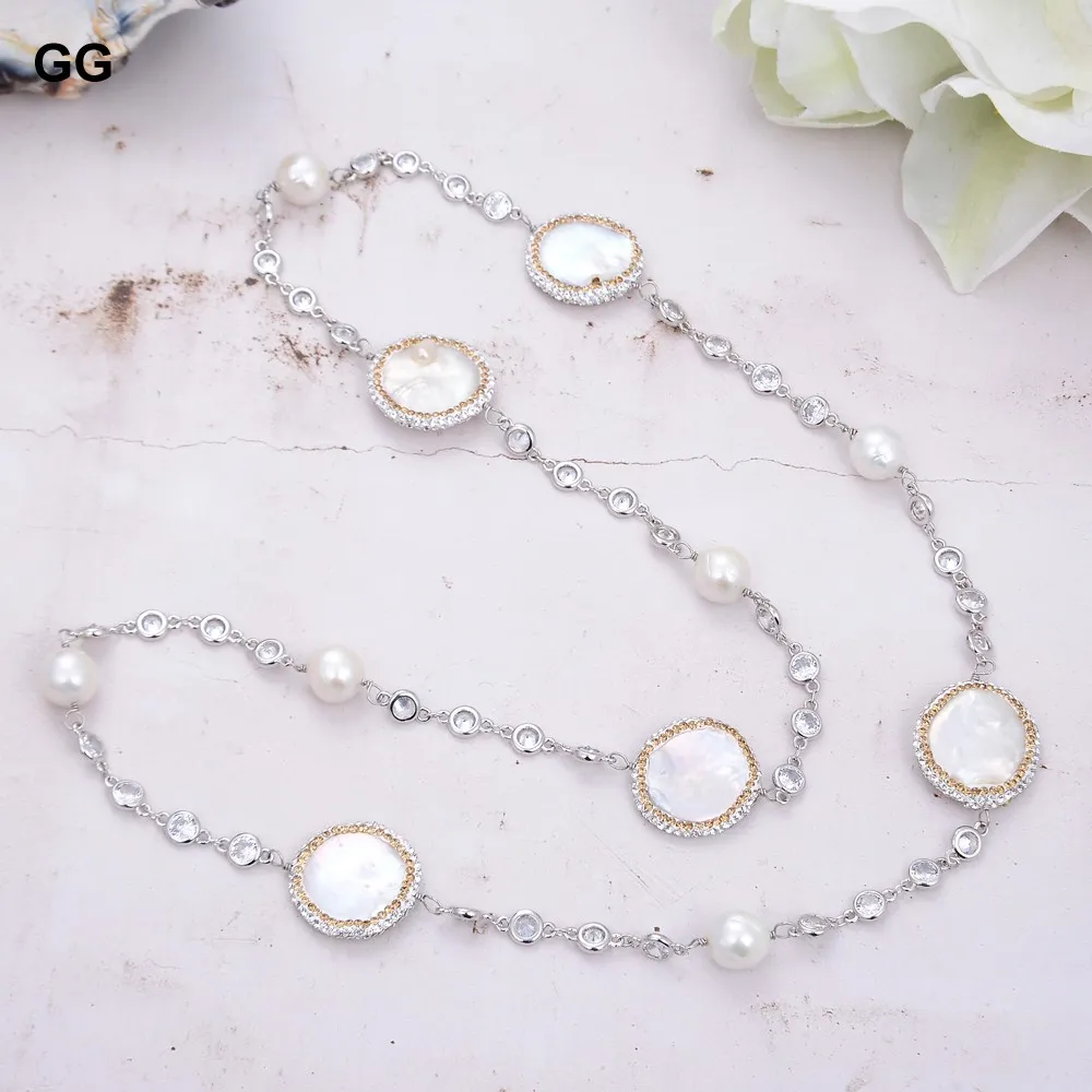 

GuaiGuai Jewelry 30" Natural White Keshi Coin Pearl White Gold Color Plated Chain Necklace