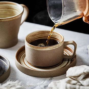 

Japanese Style Retro Thread Stoneware Coffee Cup Saucer Set with Spoon Modern Minimalist Home Ceramic Breakfast Milk Cup Single