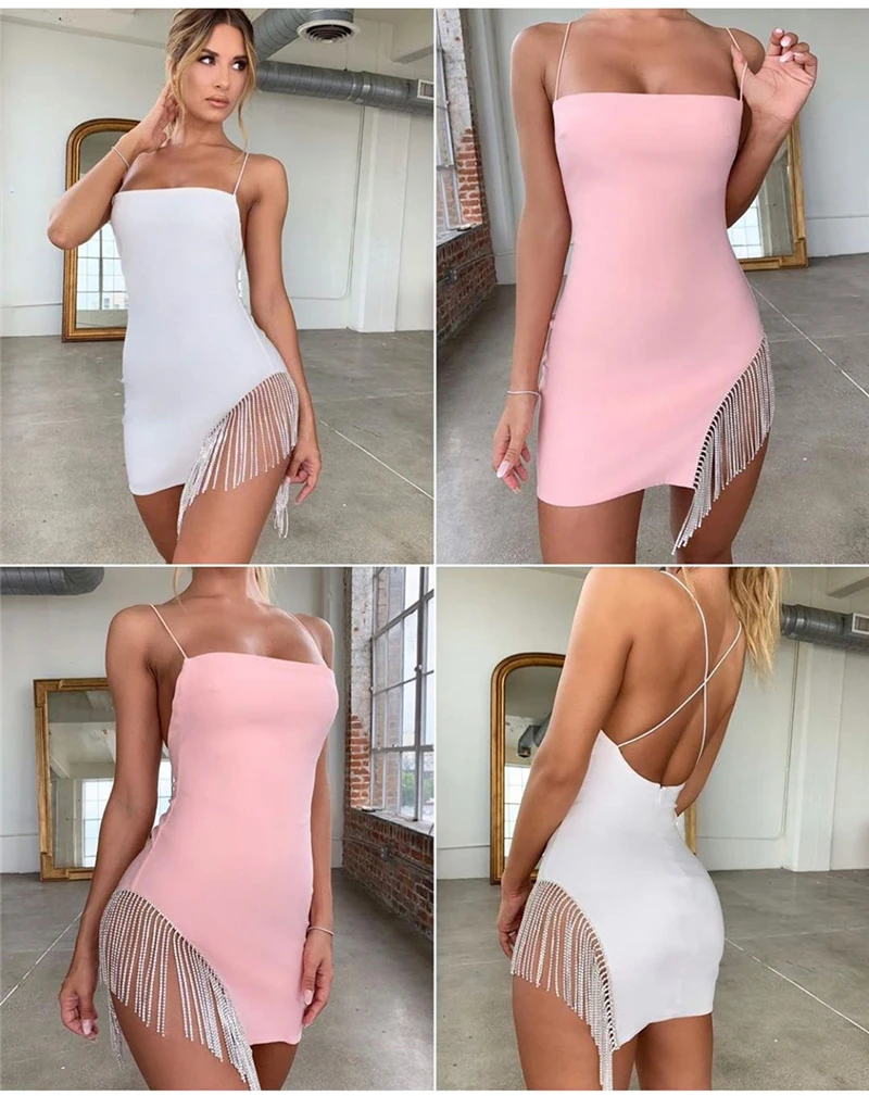 NewAsia Double Layers Diamond Party Dress Women Summer Backless Chic Side Tassel Hem Sexy Dress Elegant White Dress Mini