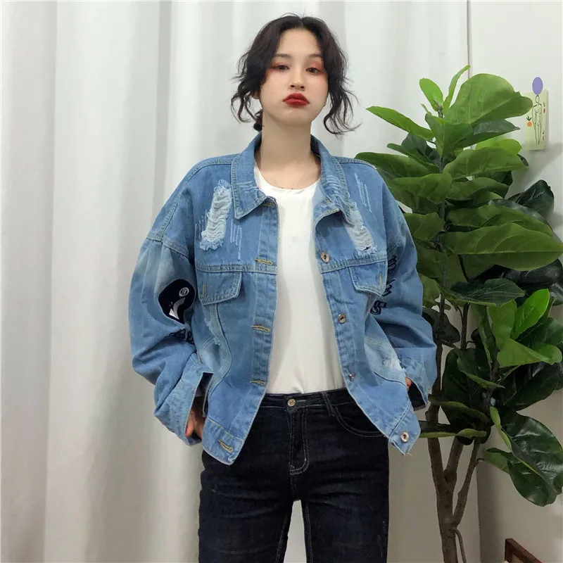 

2019 Spring New Style Korean-style Loose-Fit Versatile with Holes Jeans Coat Women's BF Embroidered Letters College Style Jacket