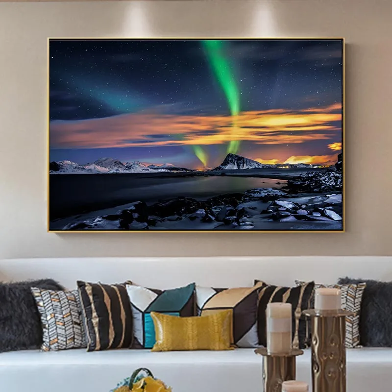 

Northern Lights Over Mountains Wall Art Canvas Prints Modern Northern Lights Vareid Flakstad Nordland Norway Canvas Art Painting