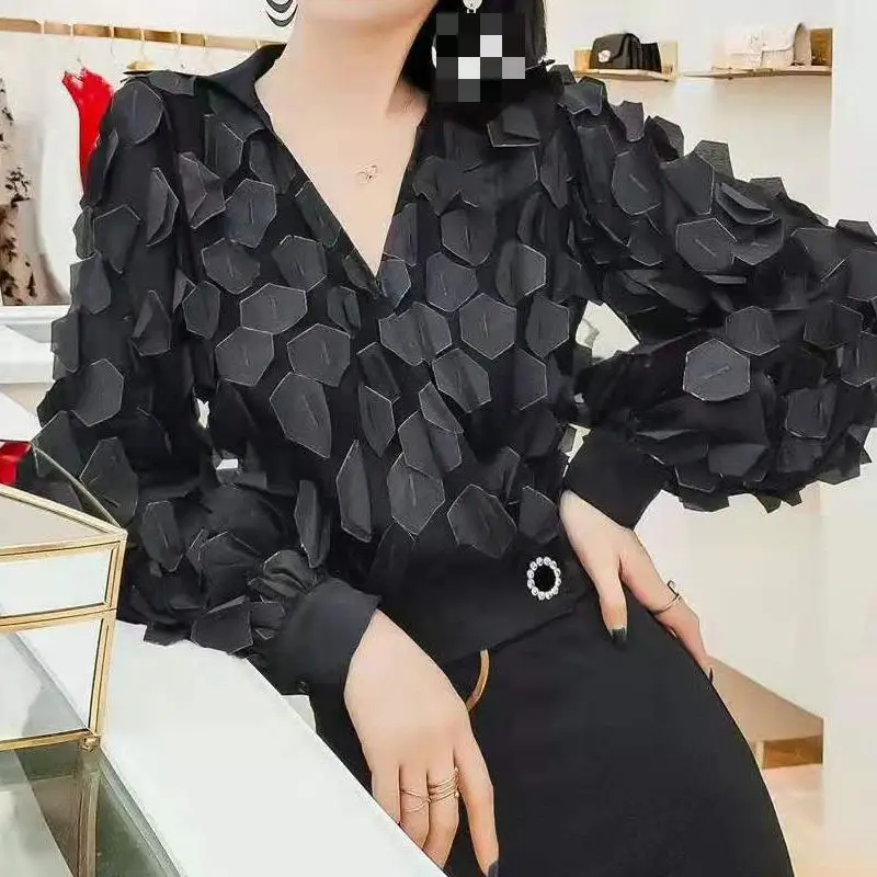 black GetSpring Women Blouse V Neck Long Sleeve Women Shirt Temperament Black Blouse Fairy Ladies Tops All Match Vintage Blouse Autumn - Цвет: black