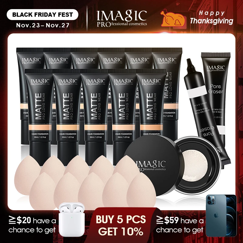 

IMAGIC Makeup Set Primer Oil Control Smooth Natural Liquid Foundation Cream Waterproof Concealer Loose Powder Loose Powder Spong