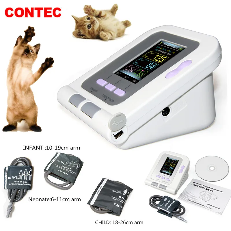 CONTEC 08A-VET Digital Blood Pressure Monitor, Veterinary/Animal NIBP+SPO2 Probe(Optional) Three Cuffs, Power Adapter blood pressure monitor blood pressure meter
