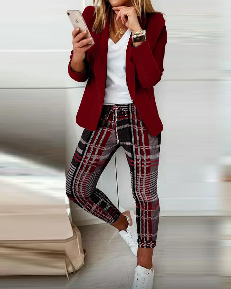 Plaid Print Blazer Coat & Drawstring Pants Set 2021 Autumn Women Casual Shawl Collar Blazer & Drawstring Plaid Pants Set women's skirt suit sets Suits & Blazers