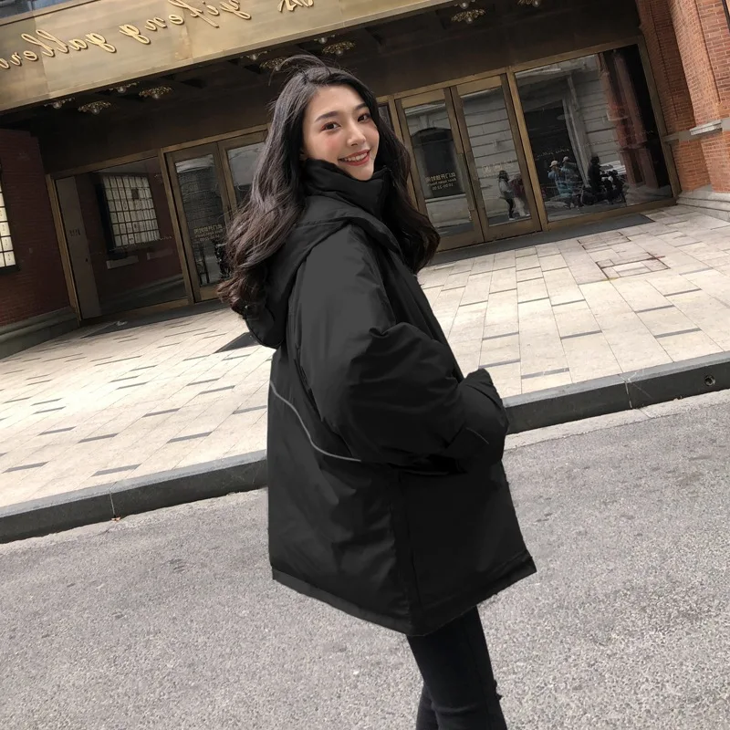 

Photo Shoot Douyin Super Fire CHIC IOUs Covered Edge Stand Collar BF Hooded down Coat Loose-Fit Large Pocket Workwear Cotton-pad