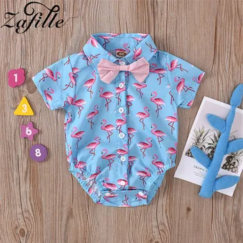 

ZAFILLE Baby Boy Clothes Cotton Short Sleeve Turn-Down Collar Bow Deco Flamingo Print Jumpsuit For Newborn Gentleman Baby Romper