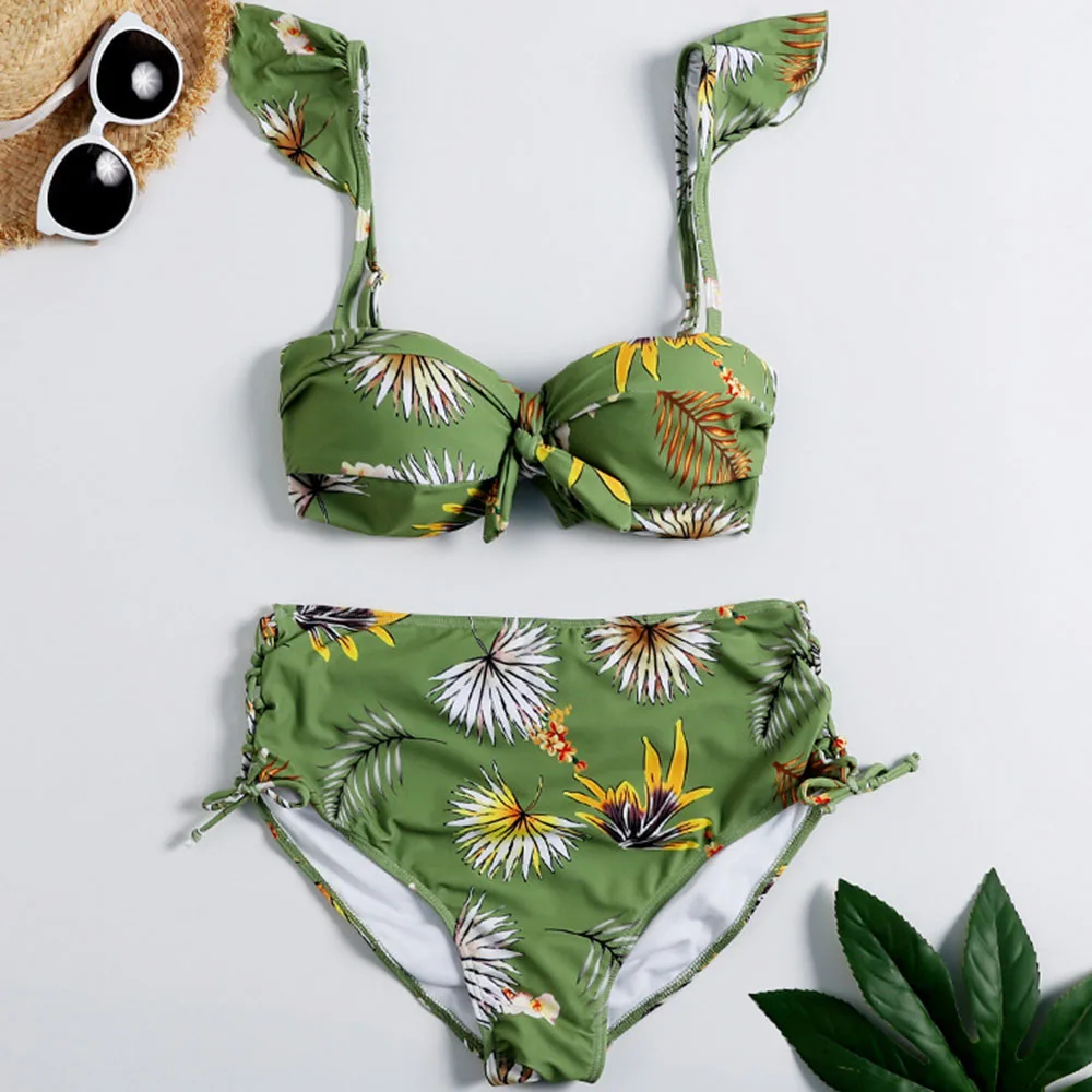 

Women Green Floral Print Bikinis Suit Boho Lace Up Two Pieces Set Swimwear Summer 2020 Sexy Bikini Sets Female Chic Beachwear