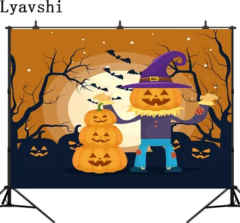 

Lyavshi Halloween boy with scarecrow pumpkins costume for halloween party vector illustration photography studio background