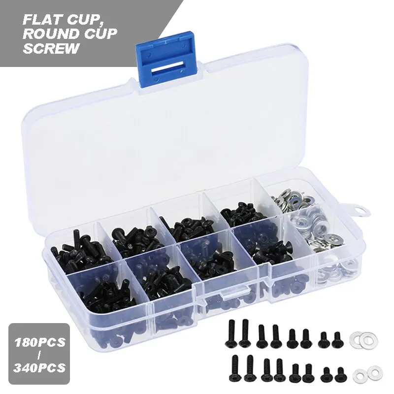 340/180pcs 10 Types M3 M4 Flat Round Screw Stainless Steel Screws Kit Box Repair Tools For 1/10 HSP RC Car